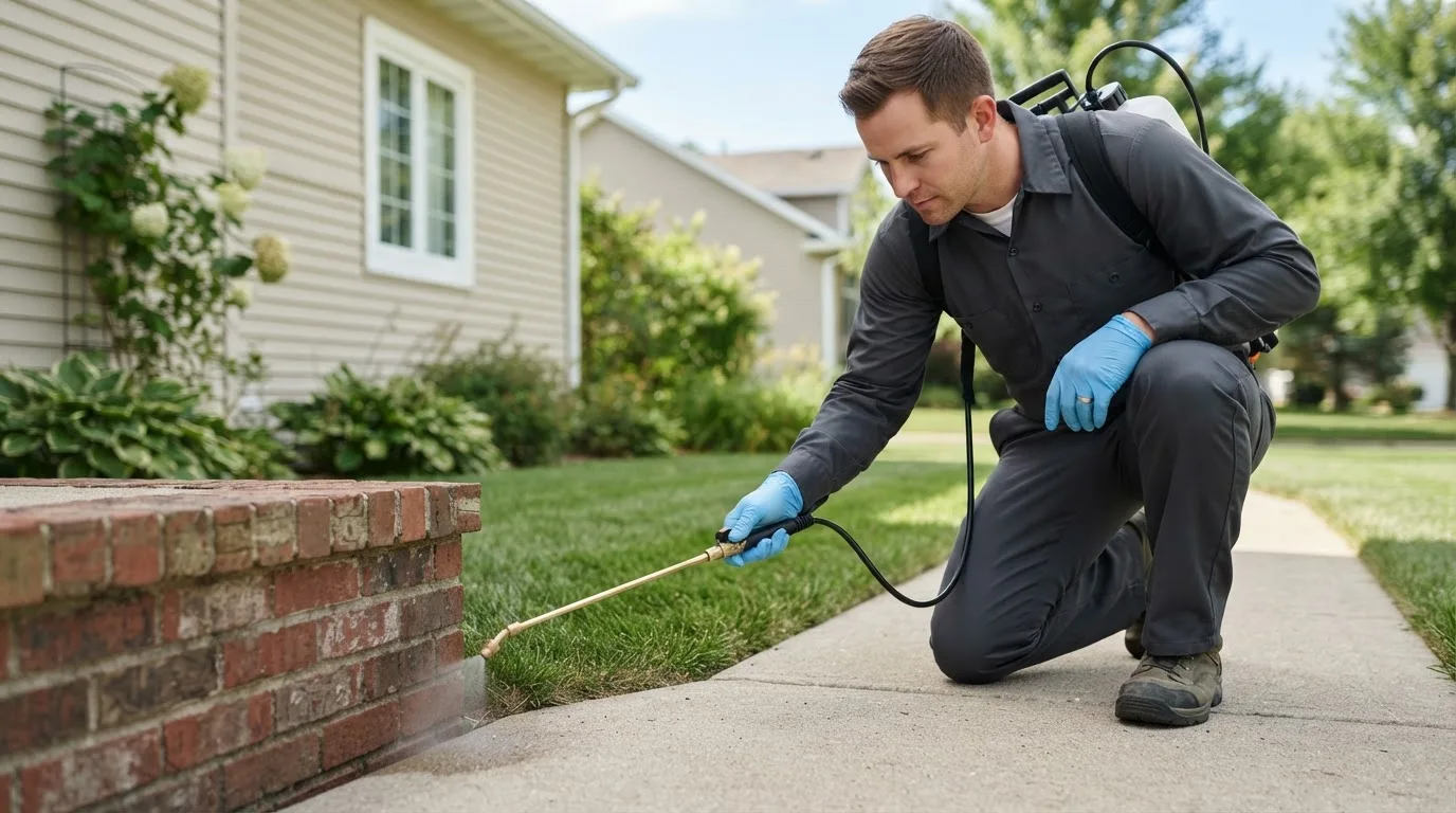 Pest control technician treating a home near Lake City, PA